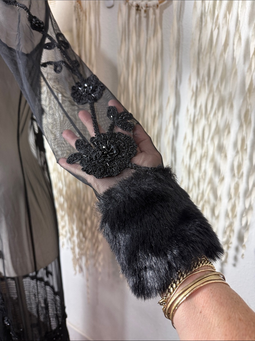 Vintage Sue Wong Black Embellished Crochet and Faux Fur Trim Long Sleeve Kimono - Picture 4 of 14